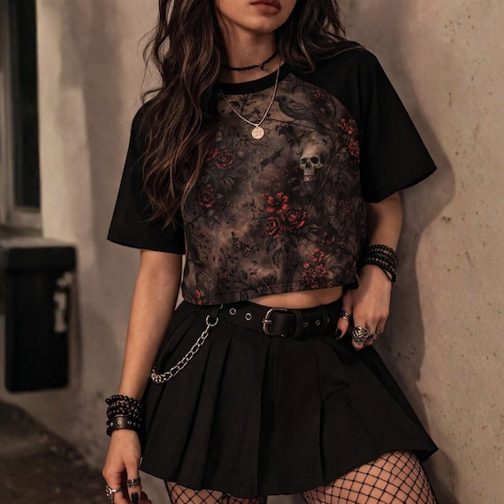 Whimsigoth Raven & Rose Crop Top, Witchy Aesthetic Skull Shirt, Dark Academia Goth Clothes, Witchy Gothic Whimsigoth Clothing for Women