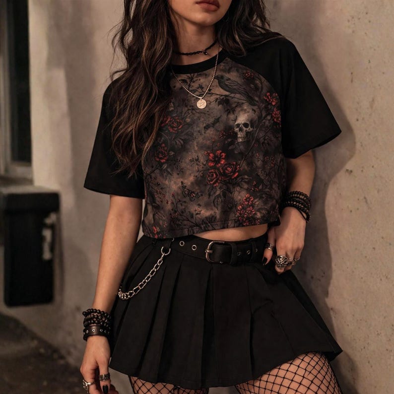 Whimsigoth Raven & Rose Crop Top, Witchy Aesthetic Skull Shirt, Dark Academia Goth Clothes, Witchy Gothic Whimsigoth Clothing for Women image 1