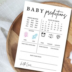 Carte de jeu de prédictions de bébé minimaliste, genre secret, jeu de baby shower, PDF A5, téléchargement immédiat, imprimable, jeu de bébé moderne et neutre