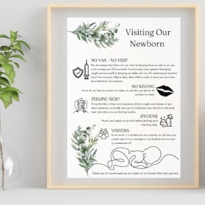 May include: A printable sign with a green watercolor background and black text. The sign reads "Visiting Our Newborn" and includes guidelines for visitors, such as no kissing, no visits if feeling sick, and washing hands before touching the baby.