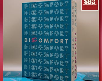 May include: A rectangular teal board game box featuring the word DISCOMFORT repeated in white outline text across the front, with the letters SC highlighted in pink. The side panel displays the text BEYOND YOUR COMFORT ZONE in pink and white.