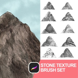 May include: A set of 10 digital brushes for Procreate, featuring different stone textures. The brushes are designed to create realistic stone effects for digital art and illustrations. The image shows a mountain range with a rocky texture, and the brushes are displayed in a grid on the right side of the image.