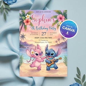May include: A colorful invitation for a 5th birthday party. The design features a beach scene with cartoon characters, palm trees, and the text "Sophia's 5th Birthday Party." Includes date, time, and RSVP information. A round graphic says "Easy to Canva."