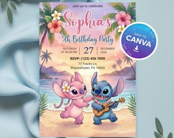 Modèle modifiable d'invitation d'anniversaire de point et d'ange, invitation de partie de Lilo et de point d'enfants, impression numérique d'anniversaire de 5 x 7 canva Evite