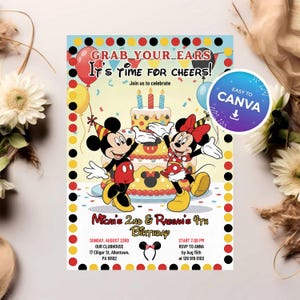 May include: A colorful birthday party invitation featuring Mickey and Minnie Mouse. The invitation includes the text "Grab Your Ears, It's Time for Cheers!" and details for a party, including the date, time, and location.