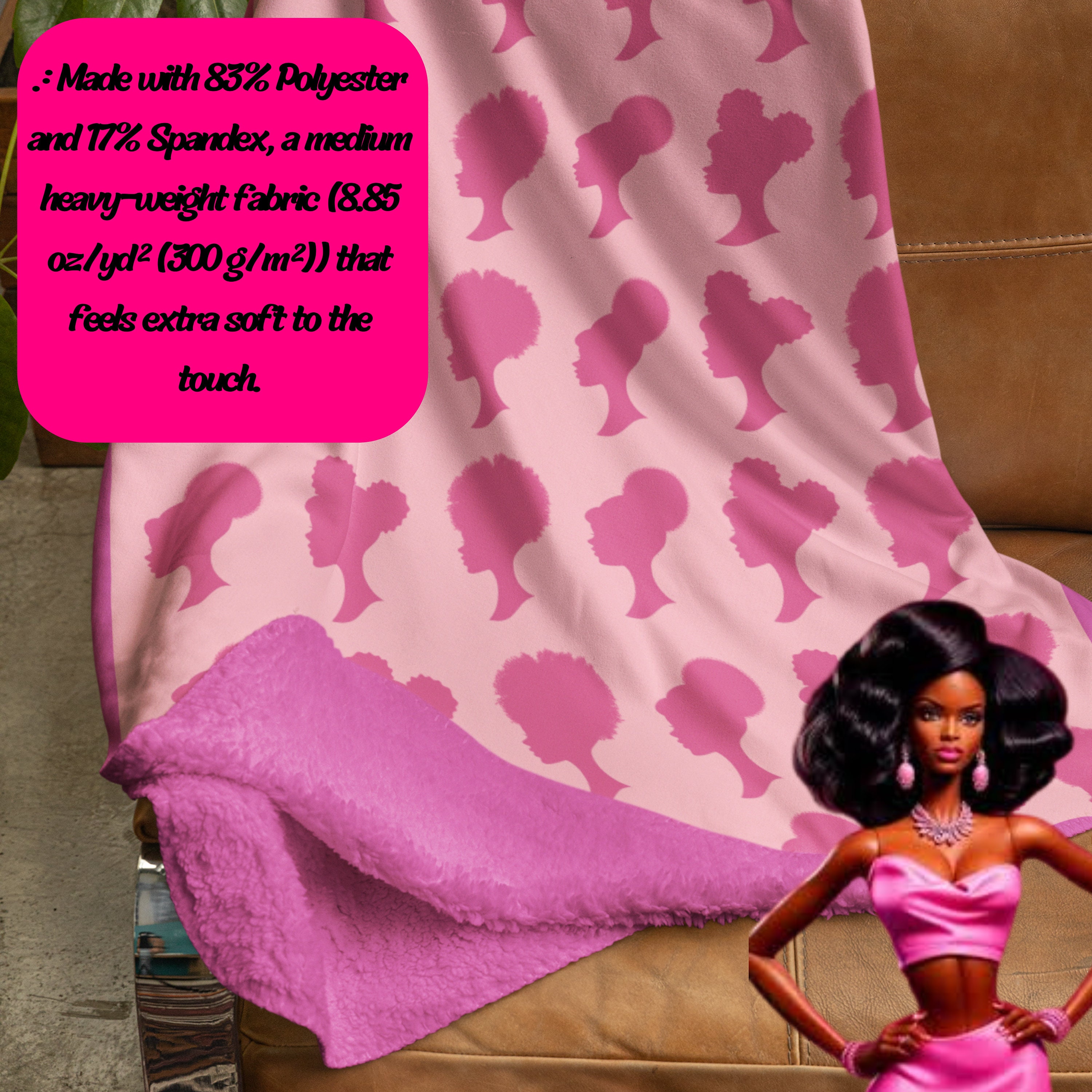 Afro Barbie Plush Blanket, Pink Blanket for Her, Barbie Blanket Gift