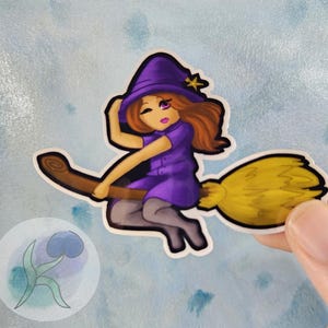ほうきに乗って飛ぶ紫の魔女のハロウィンビニールステッカー