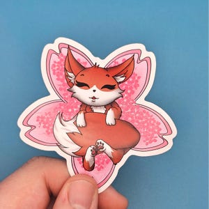 Roter Fuchs Aufkleber, süsse Sakura Dekoration, rosa Kirschblüte Vinyl Aufkleber für Laptops, Journals & mehr