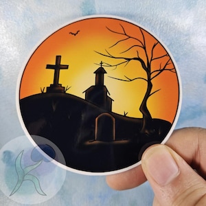 墓地の不気味な夕日を描いた円形ハロウィンビニールステッカー