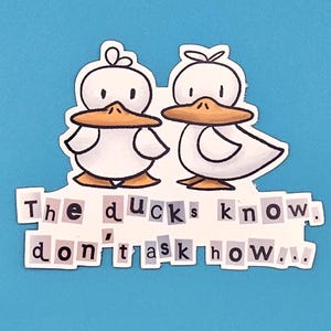 May include: A sticker featuring two cartoon ducks with white bodies, orange beaks and feet, and black eyes. The text "The ducks know. don't ask how.." is below the ducks, cut from various letters.