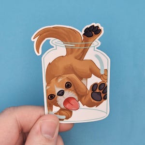 Vinylsticker gekke hond zit vast in pot - sticker grappige hond, schattige hondenkunst, cadeau huisdierliefhebber
