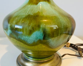 Beautiful, vintage, midcentury, 1960’s, green drip glaze lamp