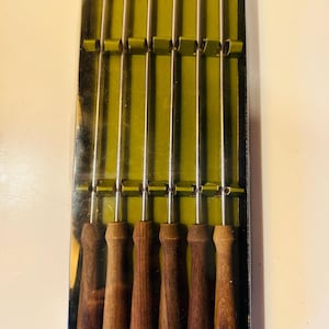 Vintage, midcentury, teak wood & stainless steel fondue forks. stamped, Made in Japan.