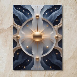 Op de afbeelding: Abstracte kunstprint met een centraal gouden zonnestraalontwerp en een bol in de kern. Het kunstwerk bevat een cirkelvormig patroon met gouden accenten en kleine bollen, tegen een achtergrond van wervelende blauwe en witte vormen. Het algemene thema is hemels.