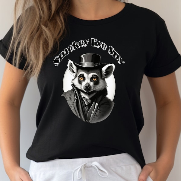 Unisex T-shirt with Retro Film Noir Style Lemur Design - "Smokey Eye Spy" - Perfect for Animal Lovers