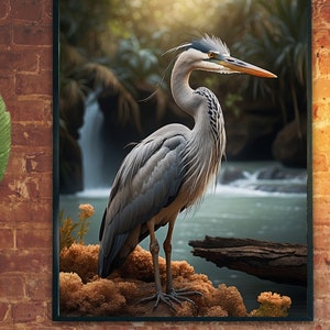 Bellissimo airone alla cascata - Classico poster semilucido in cornice di alluminio nero, fotografia naturalistica