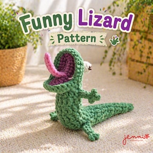 May include: A green crocheted lizard with a pink tongue and open mouth. The lizard is handmade and has a whimsical design. The text "Funny Lizard Pattern" is displayed above the lizard.