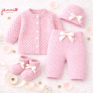 Op de afbeelding: Een roze gebreide babykleding set, bestaande uit een vest, hoed, broek en babyschoentjes. De set heeft een ruitpatroon en witte strikken. Het vest heeft witte knopen. De merknaam "jenni" is zichtbaar.