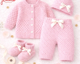 Baby Set Pattern Bundle Pdf, Baby Knitting Pattern 0–3 Months PDF, 4 Piece Knit Set, Cardigan Hat Booties Pants, DK Yarn Baby Pattern