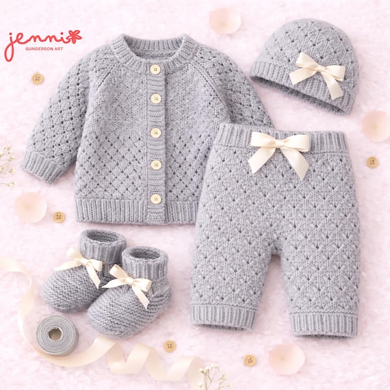 Baby Set Pattern Bundle Pdf, Baby Knitting Pattern 0–3 Months PDF, 4 Piece Knit Set, Cardigan Hat Booties Pants, DK Yarn Baby Pattern