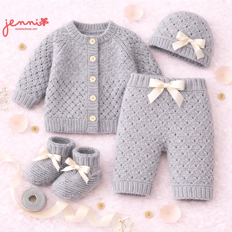 May include: A gray knitted baby clothing set, including a cardigan, hat, pants, and booties, each adorned with a cream-colored bow. The set features a diamond pattern and wooden buttons on the cardigan. The brand name "jenni" is visible in the upper left corner.