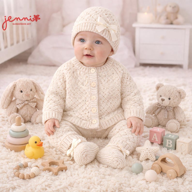 May include: A baby wearing a cream-colored knitted outfit, including a hat with a bow, a cardigan, and pants. The baby is surrounded by toys, including a stuffed bunny, teddy bear, wooden blocks, and a rubber duck. The image has the text "jennis" and "gunderson art".