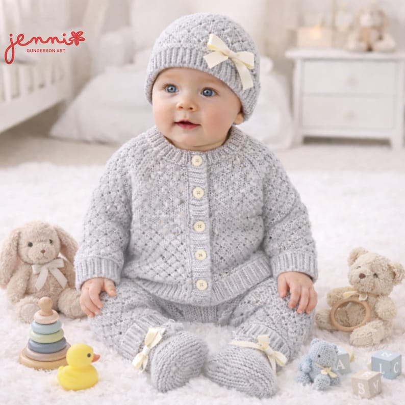 May include: A baby wearing a light gray knitted outfit, including a hat with a cream bow, a button-up cardigan, and matching pants with cream bows on the feet. The baby is surrounded by stuffed animals and toys, including a teddy bear and a wooden stacking toy.