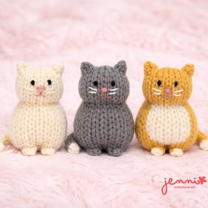 May include: Three knitted cat figurines in cream, grey, and yellow-orange. Each cat has black eyes, pink noses, and white whiskers. The cats are sitting on a pink, textured surface. The right side of the image has the text "jennisk" in cursive.