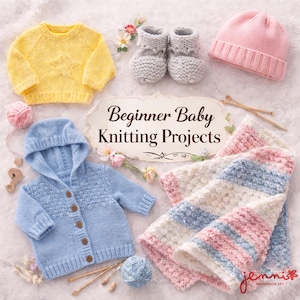 May include: A selection of baby knitting projects, featuring a yellow sweater, blue hooded jacket, pink hat, grey booties, and a striped blanket. The image includes the text "Beginner Baby Knitting Projects".