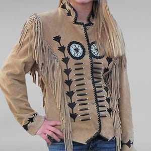 Veste en cuir velours de style western beige pour femmes à franges - Perles et broderies - Manteau vintage traditionnel en daim à franges - Veste à pampilles pour femmes