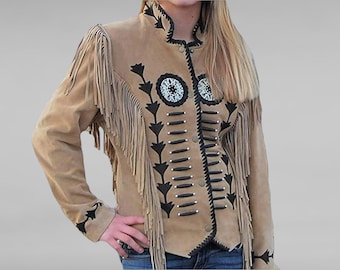 Chaqueta de gamuza de estilo occidental beige con flecos para mujer, con cuentas y bordados, abrigo tradicional vintage con flecos de gamuza, chaqueta con borlas para mujer