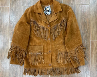 Chaqueta de cuero de gamuza estilo occidental de vaquera para mujer con flecos Abrigo con flecos de cuero de gamuza para mujer
