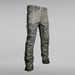 May include: Gray leather pants with black laces running up the sides of the legs.