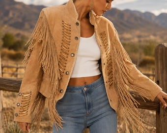 Chaqueta estilo western con flecos para mujer, chaqueta de ante color camel, chaqueta vaquera bohemia, abrigo vintage de cuero con flecos y cuentas.