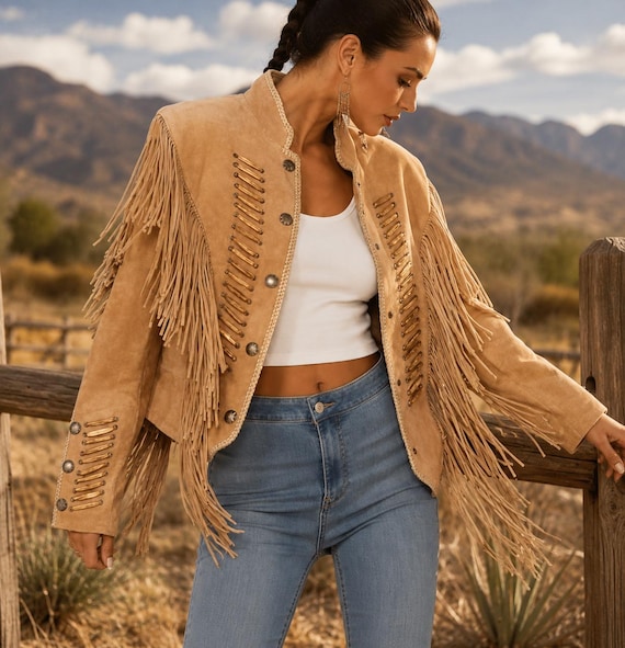 Western Fringe Jacket for Women, Tan Suede Jacket, Boho Cowgirl Jacket, Vintage Leather Fringe & Beaded Coat