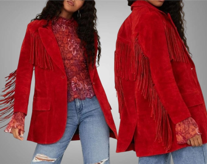 Women's Vintage Fringe Cowgirl Red Suede Leather Jacket - Western Traditional Suede Leather Fringed Coat For Women - Women Tassel Jacket