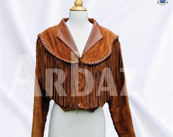 Chaqueta de cuero de gamuza con flecos estilo vaquera estilo nativo para mujer Abrigo de cuero de gamuza con flecos para mujer