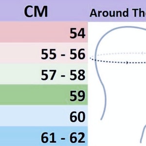 May include: A size chart for head circumference featuring text labels Size, CM, and Around The Head. The table lists sizes XS through XXL with corresponding measurements in centimeters ranging from 54 to 62. A line drawing of a head is included.