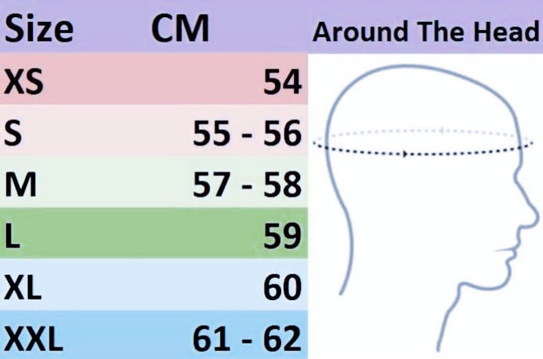 May include: A size chart for head circumference featuring text labels Size, CM, and Around The Head. The table lists sizes XS through XXL with corresponding measurements in centimeters ranging from 54 to 62. A line drawing of a head is included.