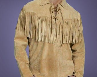Camisa de gamuza color canela con flecos, camisa vaquera de cuero estilo western, ropa de rodeo hecha a mano, jersey de gamuza con cordones para hombre.