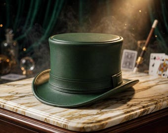 Sombrero de copa de cuero verde, sombrero steampunk hecho a mano, sombrero de copa victoriano, sombrero gótico western, sombrero de disfraz vintage, sombrero de copa verde