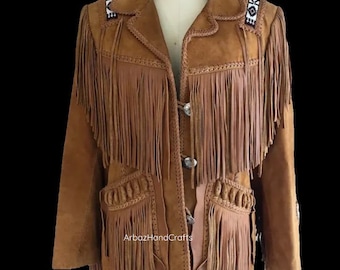 Chaqueta de cuero de gamuza estilo vaquera occidental para mujer con flecos de cuentas Abrigo de cuero de gamuza con flecos para mujer