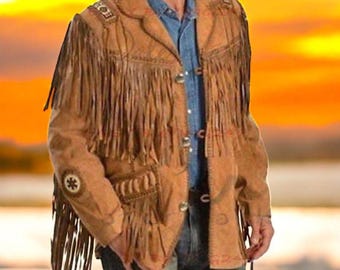 Chaqueta de cuero de ante con flecos para hombre, estilo western, estilo vintage tradicional con cuentas.