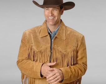 Men's Traditional Handmade Western Cowboy Leather Jacket Coat with Fringes, Buckskin Shirt with Fringes Cowboy Rodeo Style Jacket