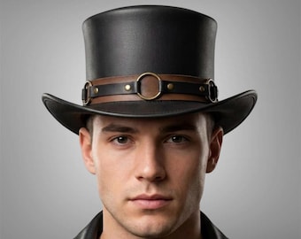 Sombrero de copa de cuero negro con banda de aro, sombrero de copa steampunk, sombrero de cuero gótico, sombrero de motociclista de cuero hecho a mano