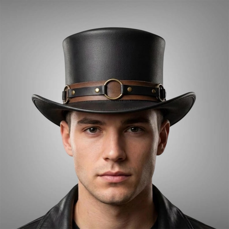 May include: A black top hat featuring a brown leather band wrapped around the base. The band is secured with metallic studs and includes a prominent circular metal ring at the front center. The hat has a structured crown and a curved brim.