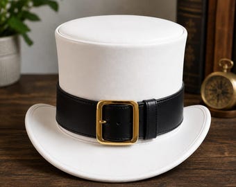 Sombrero de copa blanco estilo Steampunk / Sombrero de cuero con hebilla dorada / Sombrero de boda victoriano / Sombrero de novio blanco para hombre / Sombrero con hebilla de banda negra