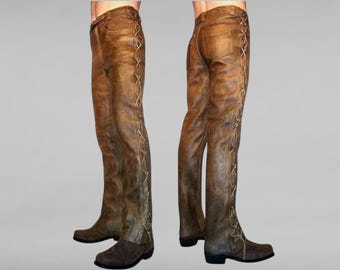 Pantalón de cuero estilo vaquero occidental para hombre, con cordones laterales, color marrón desgastado, pantalón de cuero para motociclista, pantalón de montar, pantalón de cuero para montaña