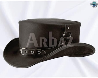 EI Dorado Handmade Leather Top Hat - Steampunk Gothic Victorian Style - Belt Style Band Black Leather Top Hat - Biker Hat