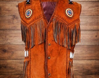 Chaleco de ante hecho a mano para hombre con flecos / Chaleco de cuero estilo vaquero occidental, regalo para él.